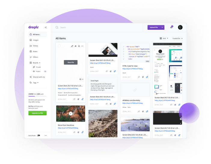 Droplr portfolio web app screenshot