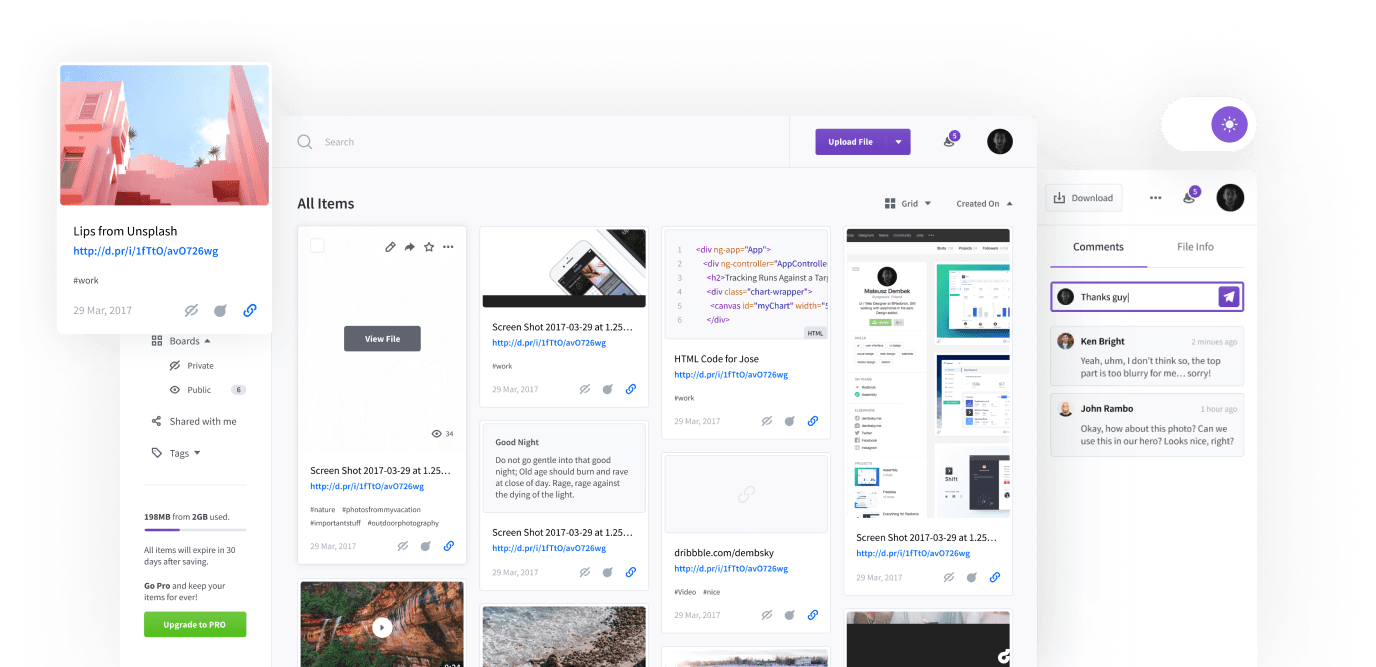 Droplr portfolio dashboard side panel screenshots